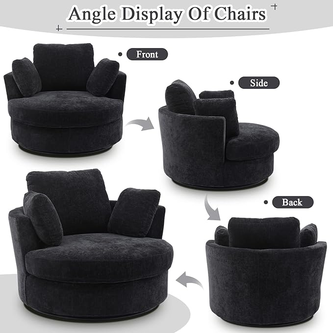 SLEERWAY Oversized Swivel Chairs Set of 2 Big Comfy Round Accent Barrel Chair and A Half Bucket Loveseat Bedroom Club Reading Lounge Living Room Furniture Set (Black)