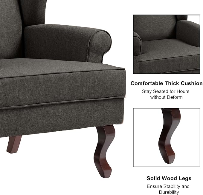 Accent Chair High Back Upholstered Armchair with High Resilience Sponge &amp Wood Legs Mid-Century Modern Comfy Single Sofa Reading Chairs for Living Room Bedroom (Dark Grey Set of 1)