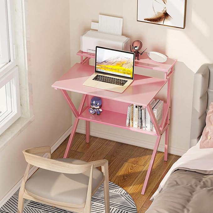 ODK Small Desk 27.5 Inch Computer Desk for Small Spaces Kids Desk with Storage Study Table with Monitor Stand for Homeschool Pink