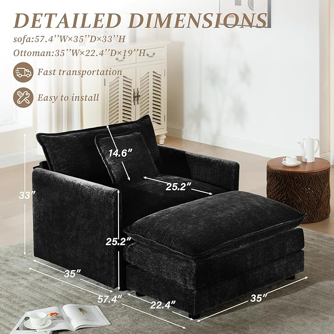 SoarFlash Chenille Sectional Sofa Comfy Modular Single Sofa with Ottoman Modern Recliner Deep Seat Sofa Set for Living RoomBlack