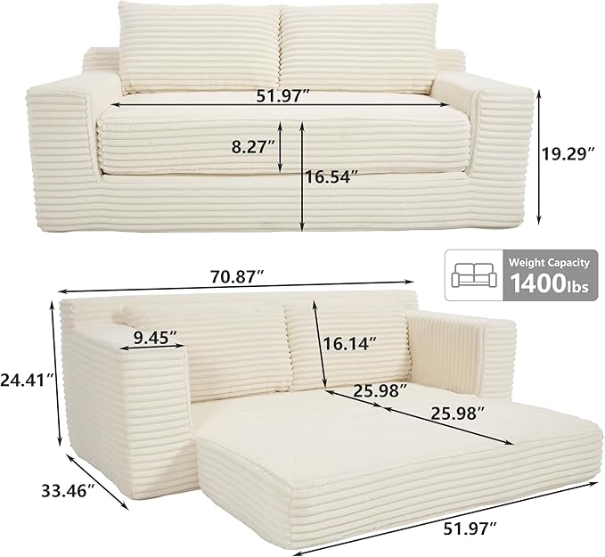 KIVENJAJA 70.87 Boneless Loveseat Sofa Modern 2-in-1 Convertible Sleeper Sofa Comfy Cloud Loveseat Couch Corduroy Small Boneless Couches for Living Room Small Space Bedroom Beige