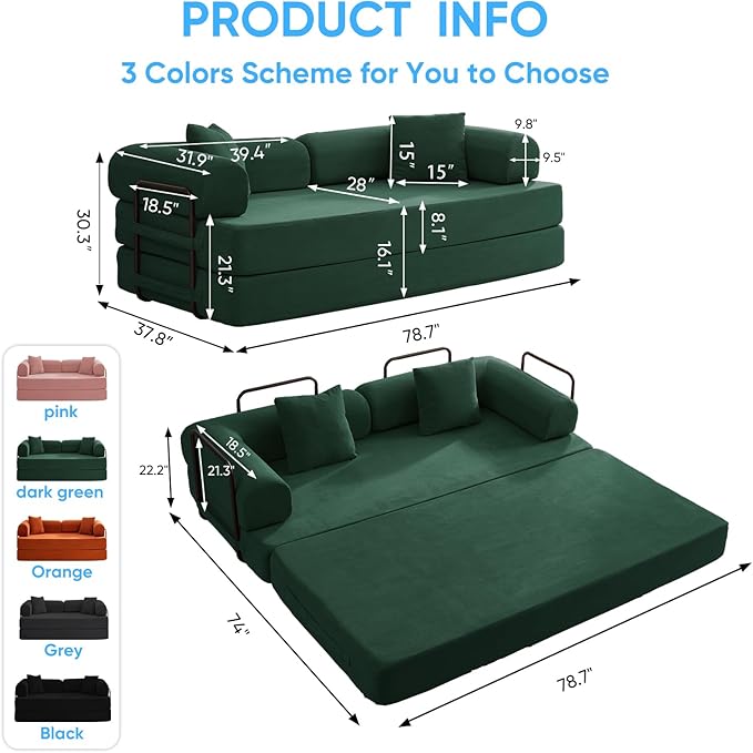 Mjkone 78.7 W Convertible Folding Mattress Couch with Armrest Corduroy Floor Sofa Bed with Metal Fixed-Shape Frame 5-in-1 DIY Futon Lazy Sofa Cama Lounge Couch for Living Room Bedroom Studio Green