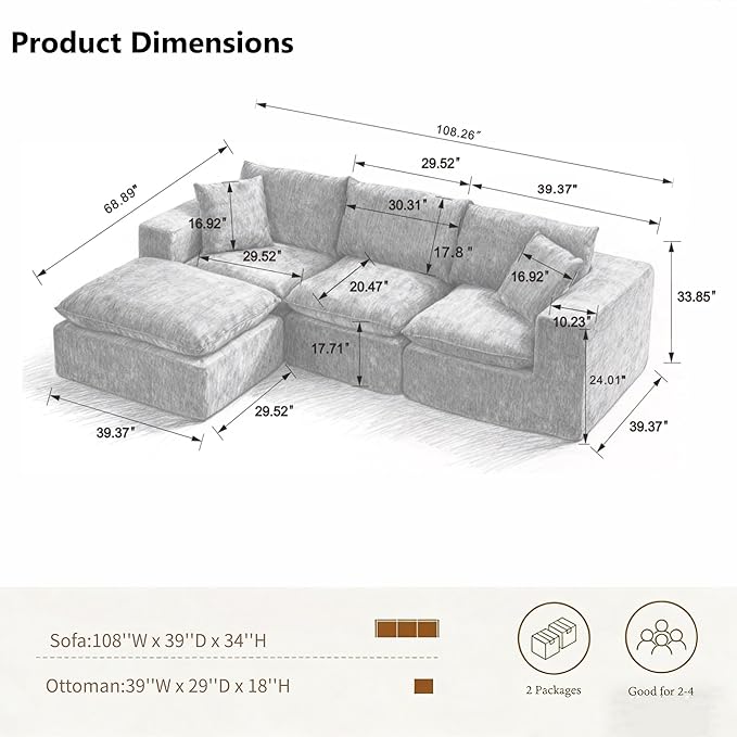 Ball &amp Cast 108 Modular Sectional Sofa L Shaped Modular Sectional Couch Deep Seat with Movable Ottoman Upholstered Convertible Comfy 4 Seater Chenille Sofa for Living Room ApartmentDark Grey