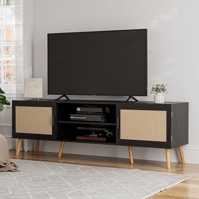 TV Stand for TVs up to 65'' Entertainment Center with Rattan Door Shelves &amp 2 Cabinets Boho Media TV Console for Living Room Bedroom Black