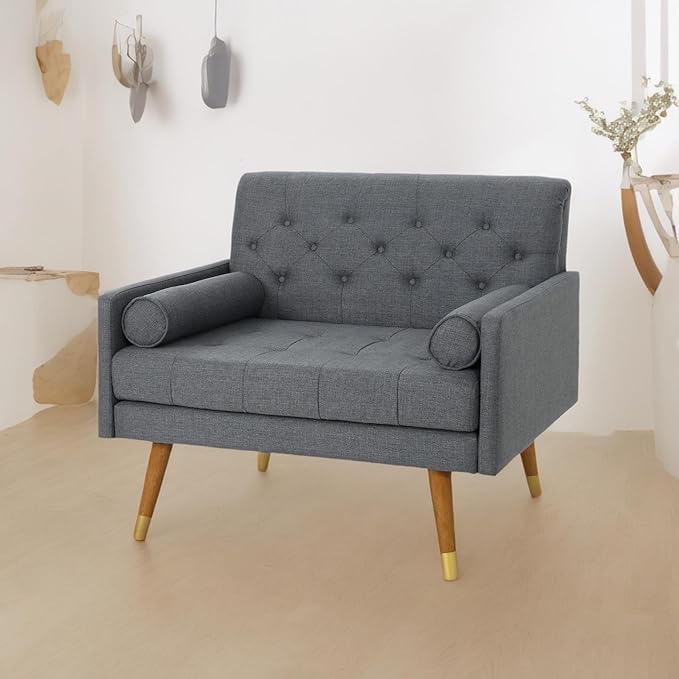 38 Comfy Chair and A Half with Button Tufted Backrest Round Armrest Pillows Mid Century Modern Oversized Accent Chair with Wood Legs for Living Room Bedroom or Small Spaces (Dark Grey)