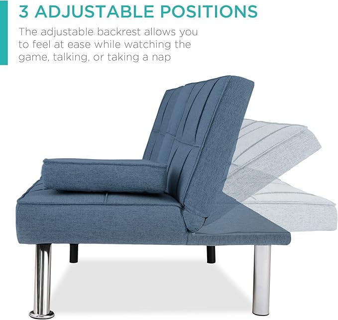 Best Choice Products Linen Modern Folding Futon Reclining Sofa Bed for Apartment Dorm w/Removable Armrests 2 Cupholders - Blue