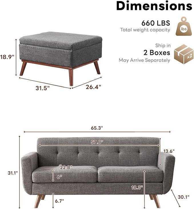 Tbfit 65 W Loveseat Sofa with Ottoman Coffee Table Mid Century Modern Love Seat Couches for Living Room Button Tufted Upholstered Small Couch for BedroomEasy to Install Love Seats Furniture Gray