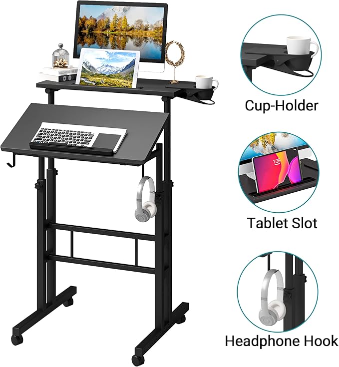 Klvied Adjustable Height Standing Desk with Cup Holder Portable and Easy to Move Ideal for Home or Office Black