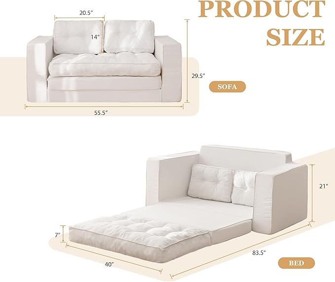 YOSHOOT Loveseat Sleeper Sofa55 Convertible Sofa Bed Couch Futon Couches for Living Room3-in-1 Pull Out Floor Couch with Backrest and Pillows White