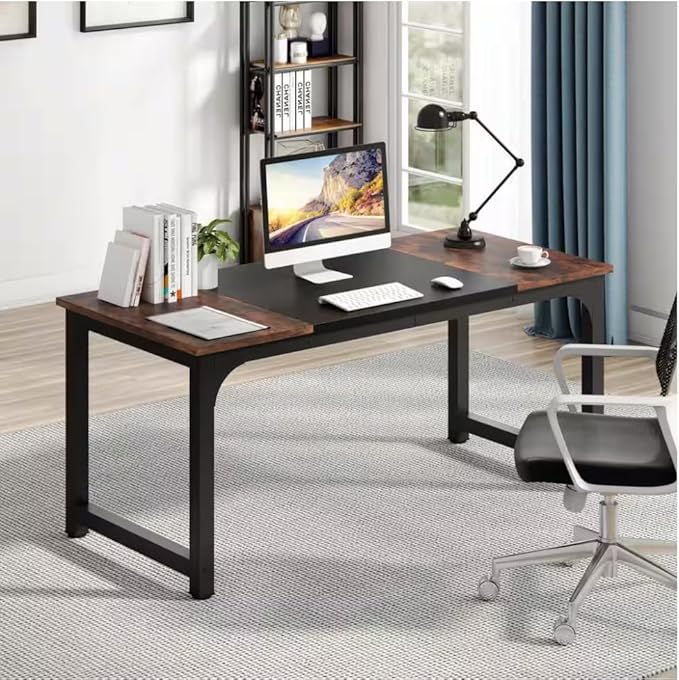 70.8 inch Executive Desk Rustic Office Computer Desk with Thick Metal Frame Vintage Workstation Writing Table Business Furniture for Office Study (Brown+Black)