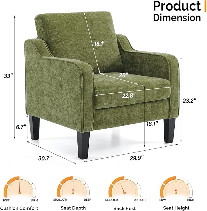 VINGLI Chair Olive Green Upholstered Chenille Accent Chair for Living Room Bedroom Mid-Century Modern Arm Chair Comfy Reading Chair with Scooped Arms
