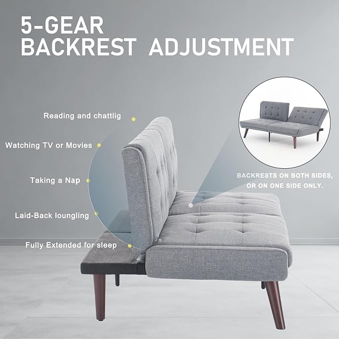 63 Loveseat Sofa Convertible Sofa Bed 5-Position Adjustable Backrest Sleeper Chair Guest Bed for Studio Apartment Basements Cabins Dorm Grey.