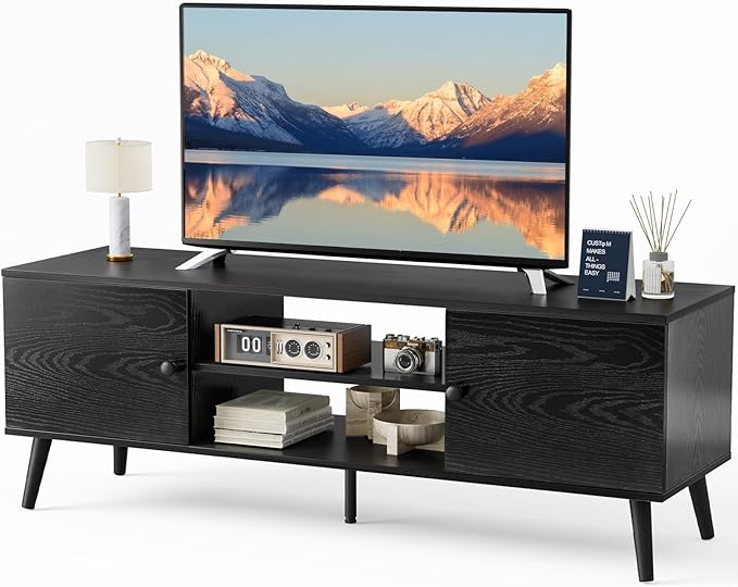 Sweetcrispy TV Stand for 55 60 inch TV Modern Mid Century Entertainment Center with Storage Media Console Table 2 Cabinet Soft Hinge Handle Door Wooden Living Room Office Furniture Black