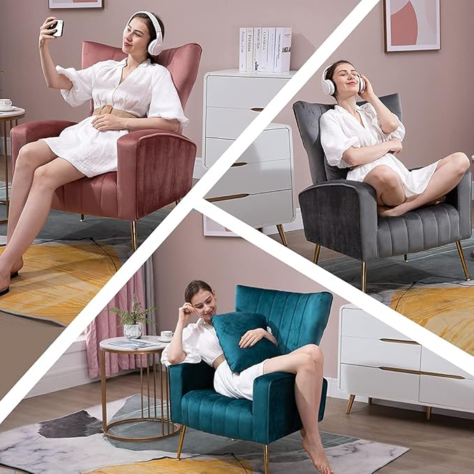 Modern Living Room Chairs Velvet Accent Chair Armchair with Lumbar Pillow High Back Bedroom Chairs Vanity Chair Barrel Chair Arm Chair with Gold Legs Grey