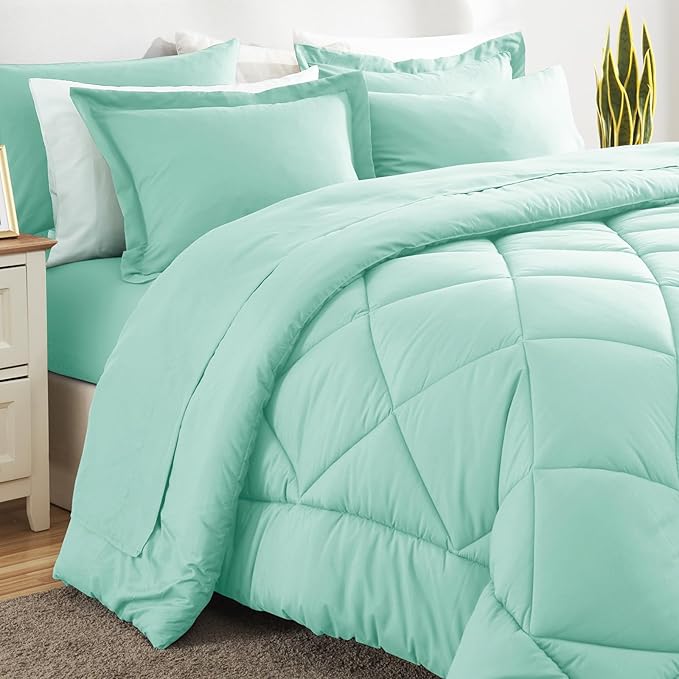 CozyLux Full Size Comforter Sets Mint Green - 7 Pieces Bed in a Bag Full Luxury Soft Bed Set for All Seasons Bedding Set with Down Alternative Comforter Sheets Pillowcases &amp Shams