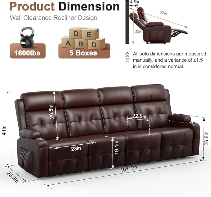 Reclining Couch 113 PU Leather Sofa Recliner with Massage - 4 Seat Home Theater Seating Comfy Soft Manual Wall Hugger Reclining with Lumbar Support Sofa Set for Family Living Room Brown