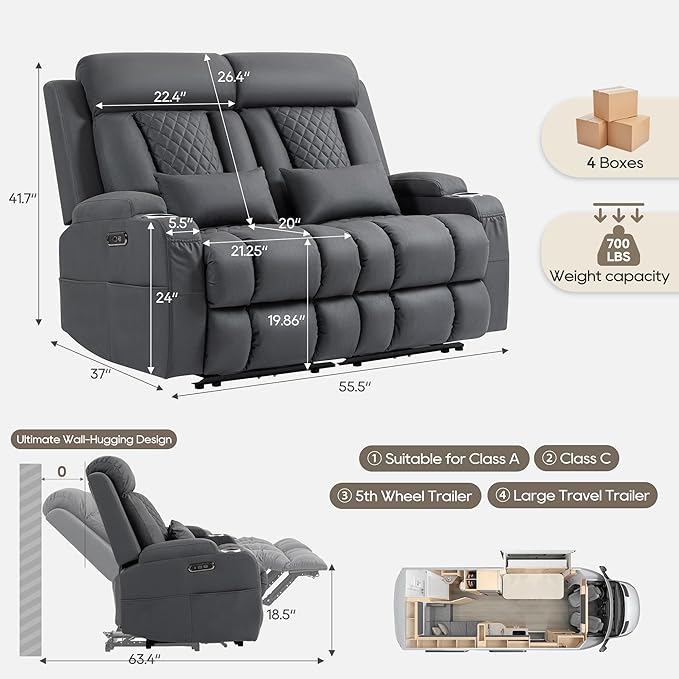 Wall Hugger Power Reclining Loveseat with Manual Adjustable Headrests Electric Recliner Sofa with USB/Type-C Ports Cup Holders – Perfect for RV and Small Spaces (Grey)