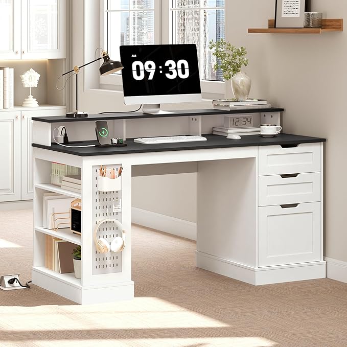 55-Inch Farmhouse Executive Desk with 2 Drawers and File Cabinet Computer Desk with 3-Tier Storage Shelves Home Office Desk with Charging Station Pegboard and Monitor Shelf White and Black