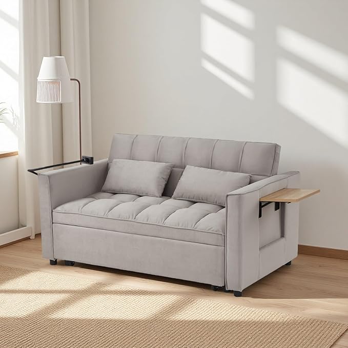 Loveseat Sleeper Sofa 3 in 1 Convertible Sofa Bed Adjustable Backrest Comfy Pull Out Couch Modern Upholstered Sofa for Living Room Bedroom Apartment Small Space (Grey with Side Table)