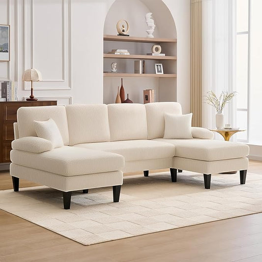 98 U Shaped Couch with 18 Seat Height Sectional Couches for Living Room 4 Seater Couch Set with Double Chaise for Apartment Living Room Sofas Corduroy Beige