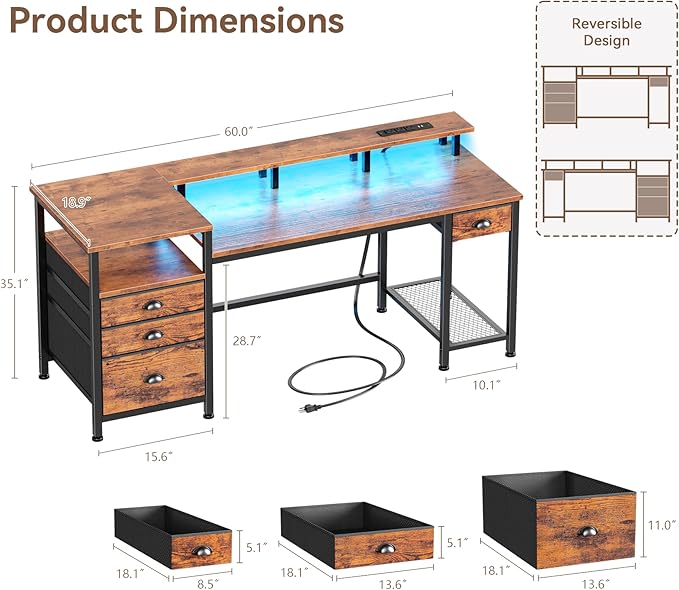 Furologee 60 Computer Desk with File Cabinet and Storage Shelves Reversible Home Office Desk with LED Lights Full Monitor Stand Power Outlets Study Gaming Table with 4 Drawers Rustic Brown