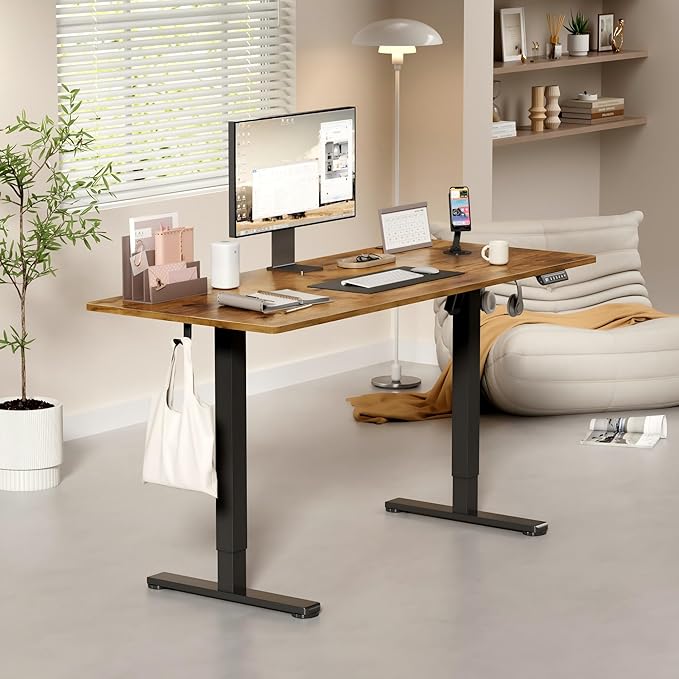 YESHOMY Height Adjustable Electric Standing Desk 55 x 24 Inches Memory Home Office Sit Stand up Desk with Phone Holder and USB Charging Port Rustic Brown