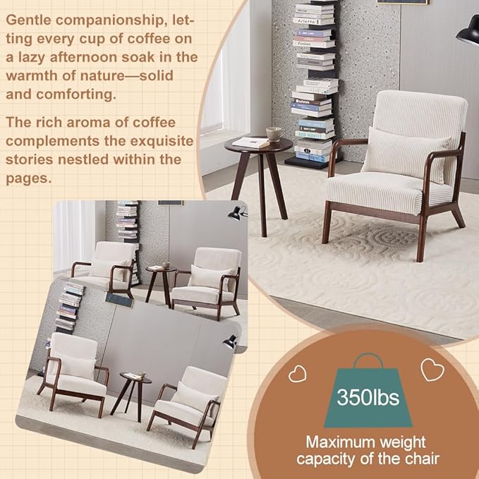 Mid Century Modern Accent Chair with Side Table Upholstered Corduroy Armchair with Lumbar Pillow Solid Rubberwood Frame for Living Room Bedroom Reading Nook White/Walnut