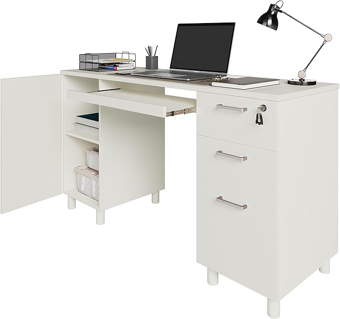 Modern Design Venice Computer Office Desk with 3 Locking Drawers and Storage Cabinet 53 Inch Home and Office Executive White Desk with Keyboard Tray by Crafts and Comfort