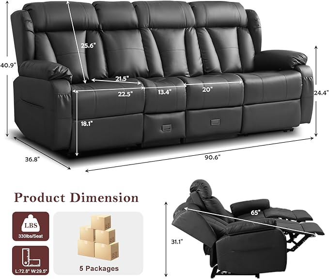 90.6 Manual Reclining Loveseat Sofa - Wall Hugger 3 Seat Loveseat Recliner with Console Fold-Down Table and Built-in Outlets Recliner Couch for Living Room RVs Home Theater Seating