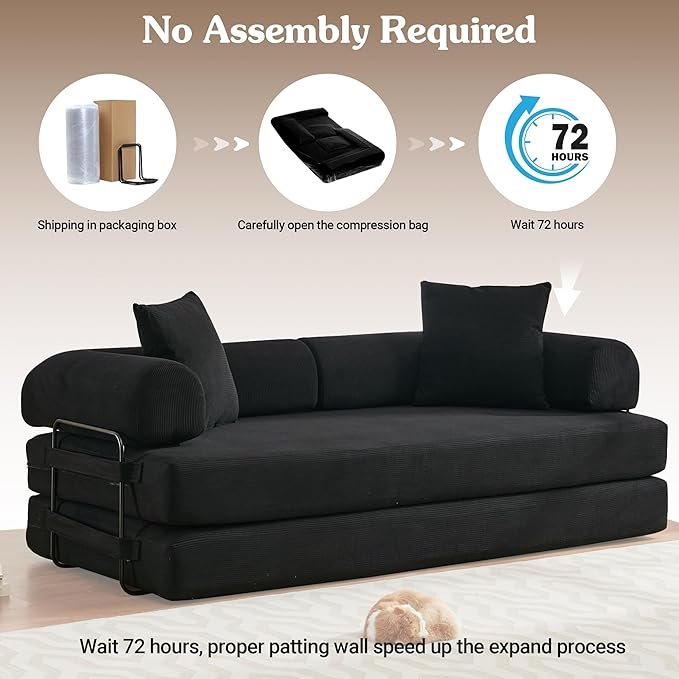 78.5'' Convertible Folding Sofa Bed 5-in-1 Modular Floor Couch Corduroy Small Cloud Couch Compressed Foldable Sleeper Sofa King Size Futon for Bedroom Guest Room (Black)