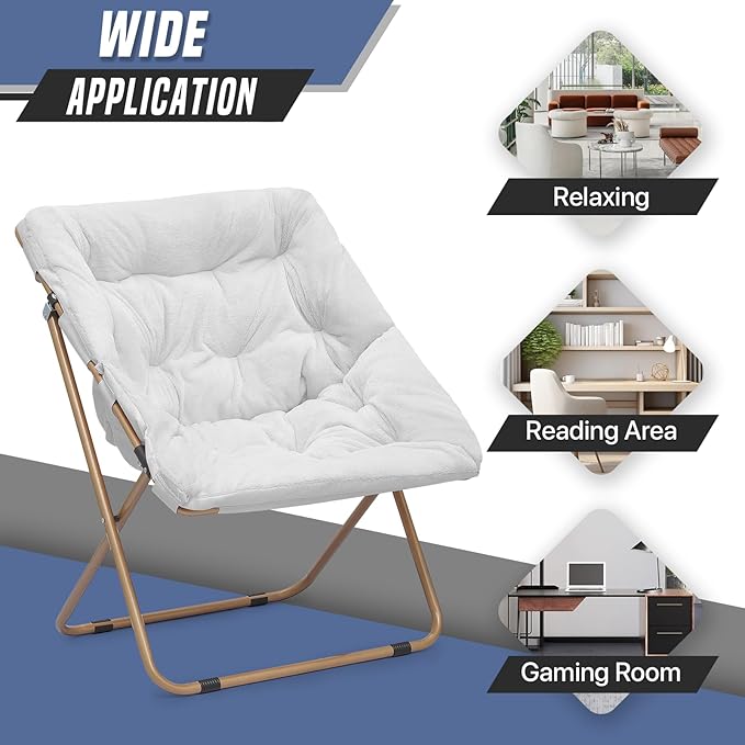 Foldable Oversized Moon Chair Large Soft Lazy Cozy Comfortable Faux Fur Square Saucer Moon Chair for Teens and Adults White