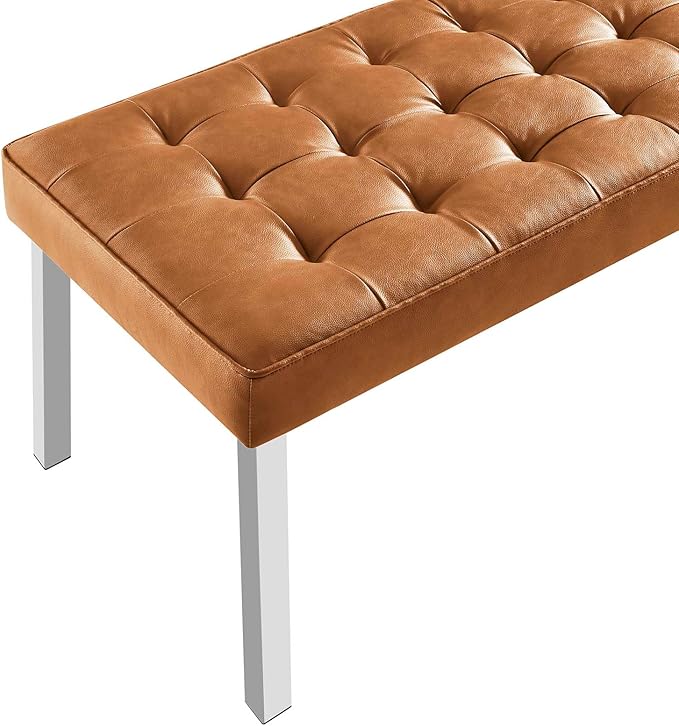 Modway Loft Tufted Button Faux Leather Upholstered Large Accent Bench in Silver Tan