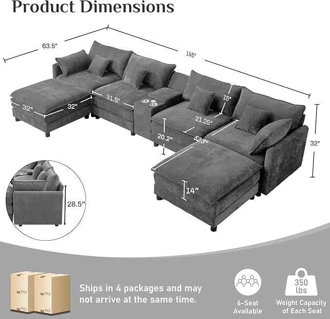 145 Oversized Modular Sectional Sofa U Shaped Cloud Couch Modern 6 Seat Sofa Set for Living Room Comfy Chenille Deep Seat with Storage Central Console Movable Ottomans Cup Holders USB Ports Grey