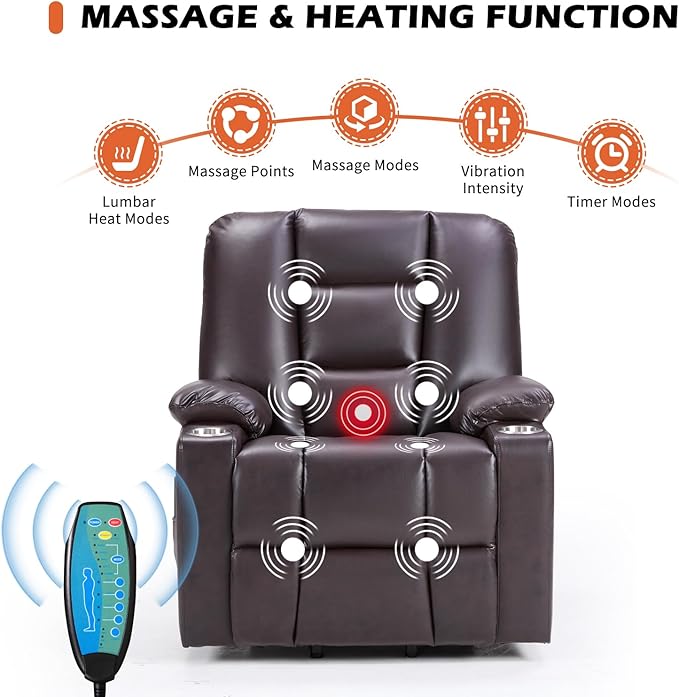 CANMOV Leather Power Lift Recliner Chair for Elderly Lift Chair Single Sofa with Massage and HeatingElectric Lift Recliner with Cup Holders USB Port for Living RoomDark Brown