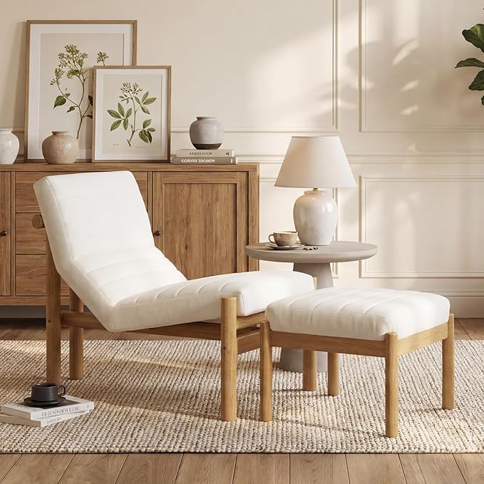 Upholstered Linen Accent Chair and Ottoman Set Modern Living Room Chair with Reclining Backrest and Footstool Small Reading Chairs for Living Room Bedroom Beige