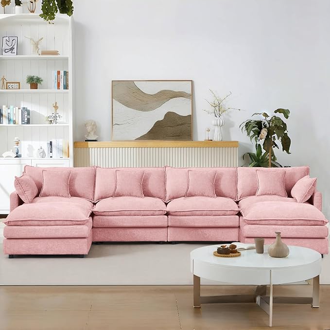 130 Pink Modular Sectional Sofa with Movable Ottoman Convertible L Shaped Chenille Cloud Couch Oversize Comfy 4-Seater Deep Seat Sofa Couches for Living Room Apartment (Pink 130)