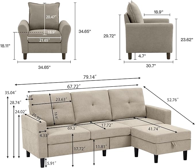 2 Piece Convertible Sectional Sofa Set 3-Seat L Shaped Couch with Storage Ottoman Side Pocket Single Seat Accent Chair Set for Small Spaces Polyester Fibre Beige