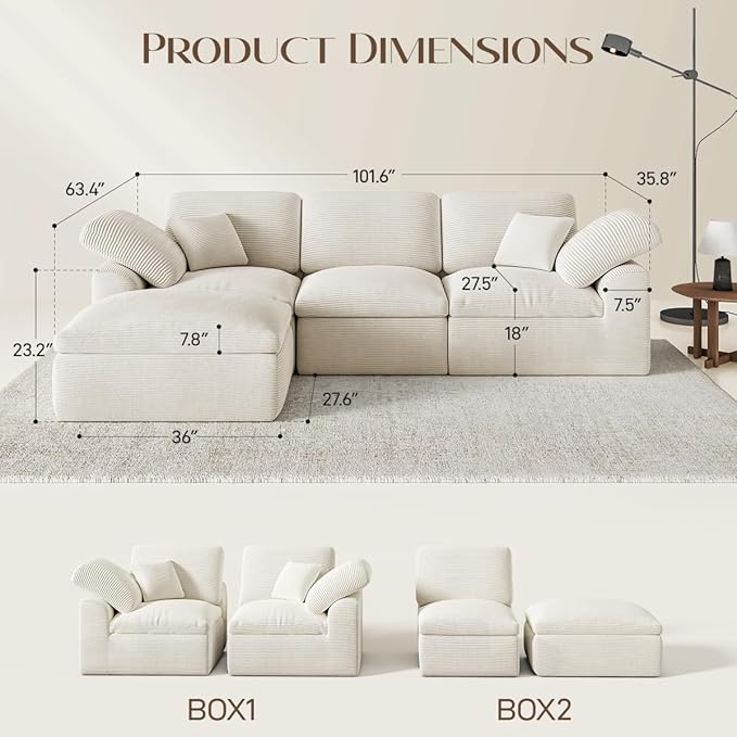 Cloud Sectional Couches for Living Room 4 Seater Cloud Modular Couch Boneless Comfy Sofa for Apartment L Shaped Corduroy Sectional Sofas with Ottoman Cream