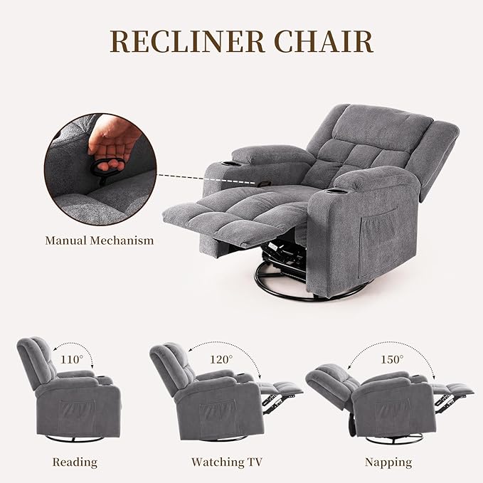 Furnimart 360° Swivel Rocker Recliner Chair for Adult Manual Recliner Chair with Massage and Heat Chenille Glider Rocker Chaise Lounge for Living Room Bedroom Home Theater (Gray)