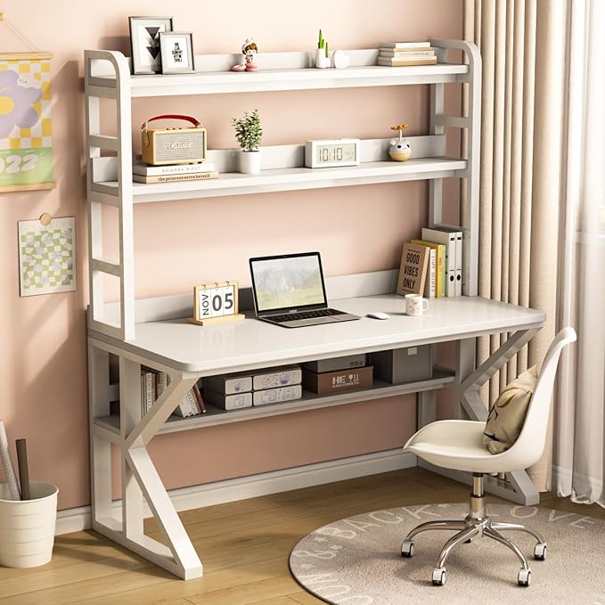 Computer Desk with Storage Shelves and Bookshelf Industrial Desk with Sturdy Metal Frame Solid Wood PC Table Workstation for Home Office(47 W x 69 H x 23.6 D White)