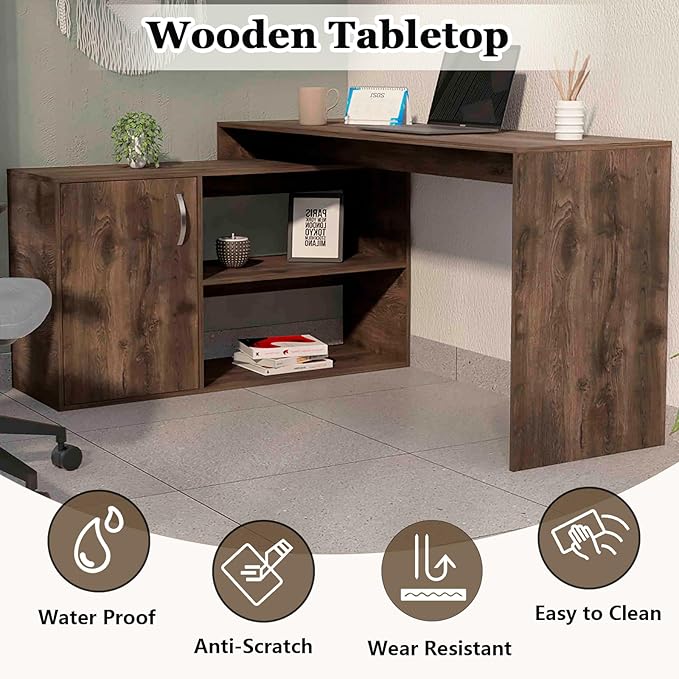 60 Inch Brown L Shaped Desk with Storage Large Computer Corner Home Office Desk with File Cabinet &amp 2 Storage Shelves Wood Corner Desk for Small Space Gaming Writing Work
