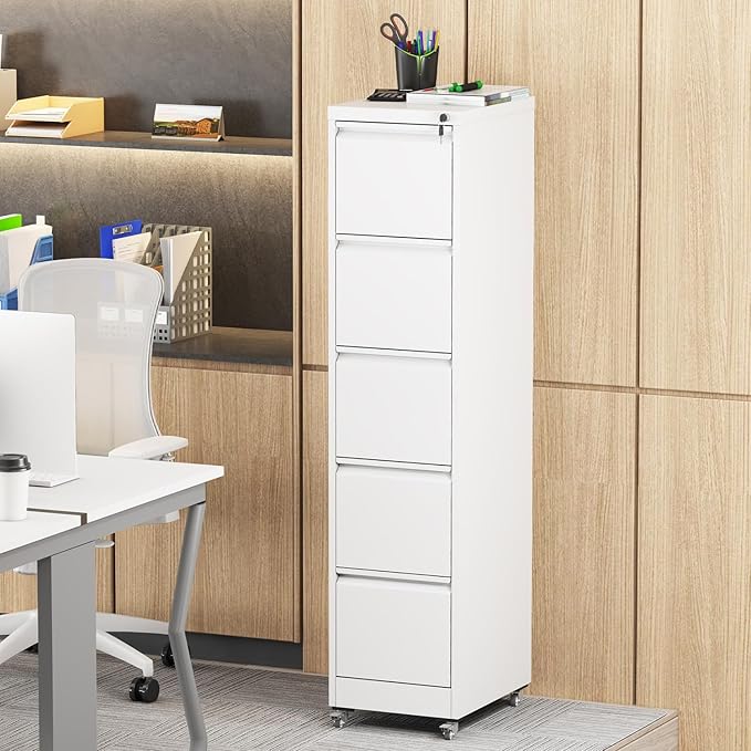 5 Drawer File Cabinet with Lock Metal Mobile Filing Cabinets Office Home Metal Vertical Storage Cabinet for A4 Legal/Letter Size LockedAssembly Required (White 5 Drawer)