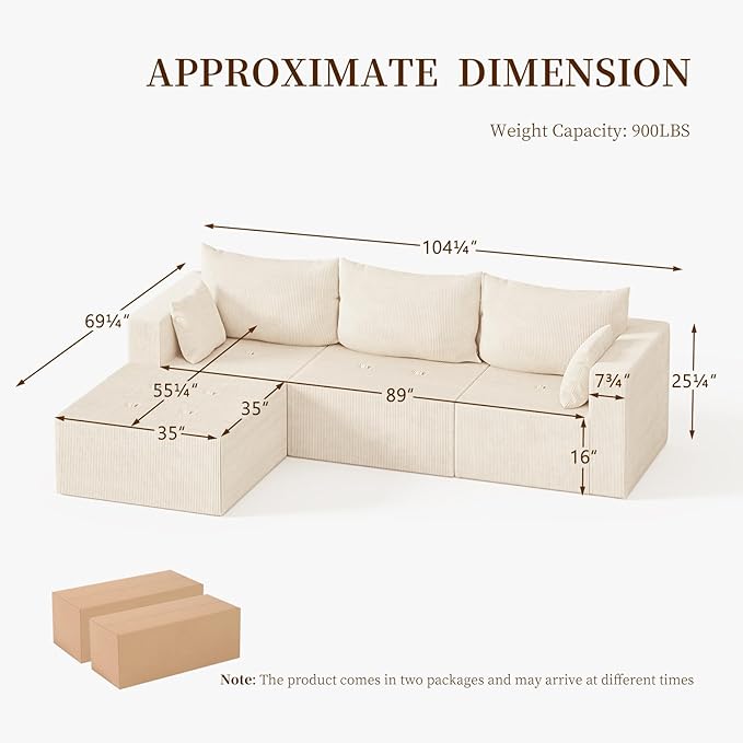 Boneless Cloud Couch with Movable Chaise Ottoman Moudular Sleeper Couch Dual-Core Support Spring &amp High-Resilience Foam 105 Corduroy Couch for Living Room No Assembly Beige
