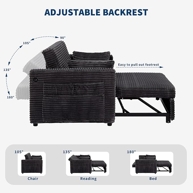 Loveseat Sleeper Sofa Bed 55'' Pull Out Couch with Adjustable Backrest Charging Station and Side Pockets Corduroy Couches for Living Room Bedroom and Apartment Dark Grey