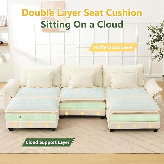 120 U Shaped Couch Modular Sectional Sofa Cloud Couch with Movable Ottoman Modern Chenille Deep Seat Sleeper Sofa with Throw Pillows for Living Room and Apartment (Beige 5-Seat)