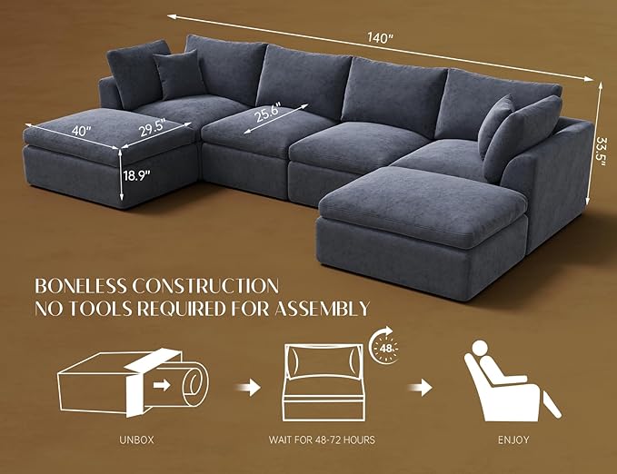 Oversized Cloud Sectional Couches for Living Room Boneless U Shaped Couch with Ottoman 4 Seater Modular Sectional Sofa Dark Grey