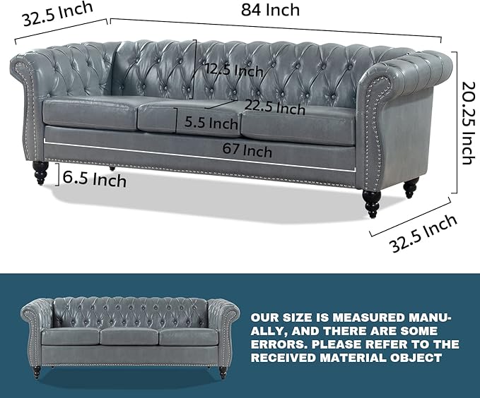 Grey Chesterfield Sofa Faux Leather Couch for Living Room Comfy Deep-Seated 3-Seater Couch for Bedroom Office or Apartment. Sofa Furniture with 84-inch Roll Arms