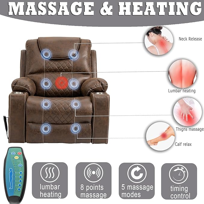 Large Power Lift Recliner Chair Sofa with Massage and Heat for Big and Tall ElderlyInfinite PositionsDual MotorCup HoldersExtended FootrestAir Leather Home Theater Seat