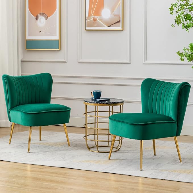 Cimota Velvet Accent Chairs Set of 2 Modern Armless Slipper Wingback Single Sofa Side Comfy Corner Chair with Golden Legs for Living Room Bedroom Green