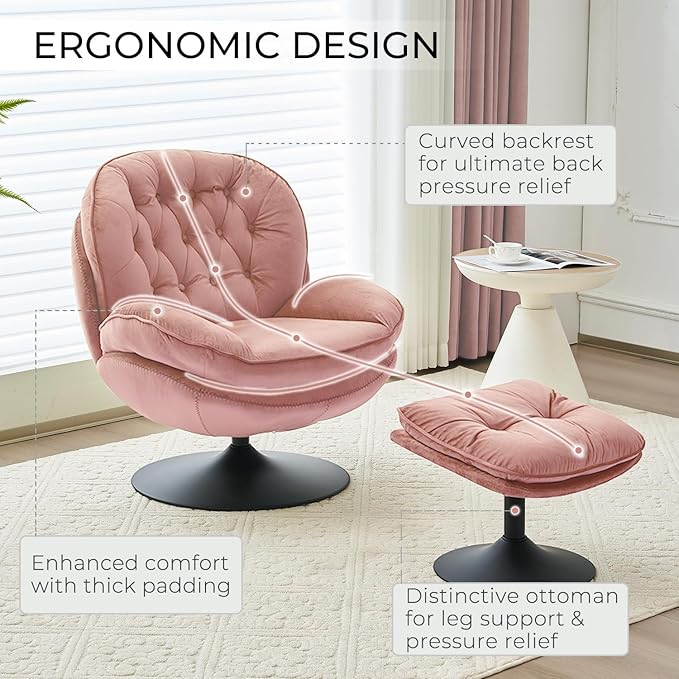Velvet Swivel Accent Chair with Ottoman Set Modern Tufted Armchair with Footrest for Living Room Reading TV Chair for Adults Comfy Chaise Lounge Chairs with 360 Degree Swiveling for Bedroom Pink